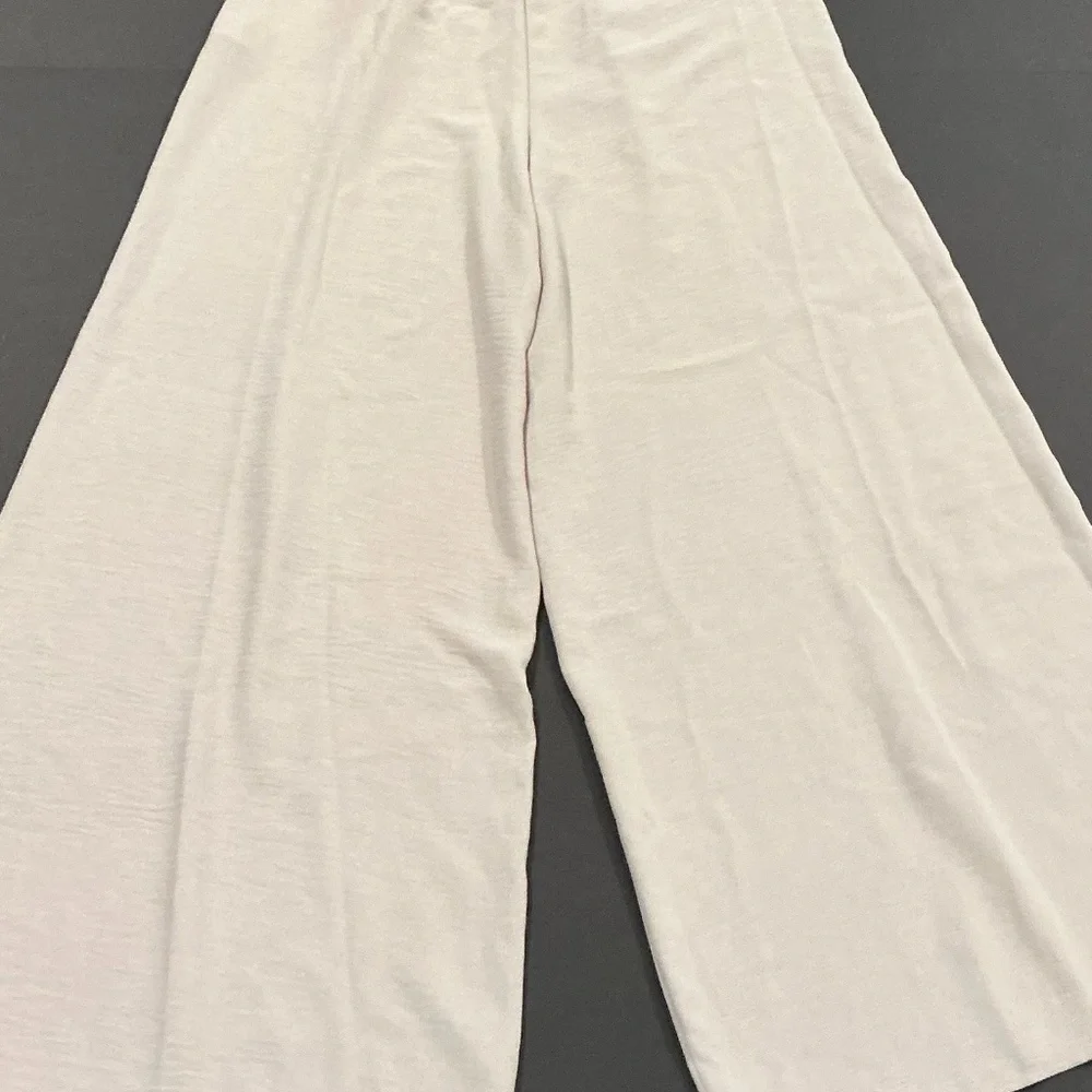 Zara Cream Wide Leg Linen Blend Pants Elastic Waist Size Small